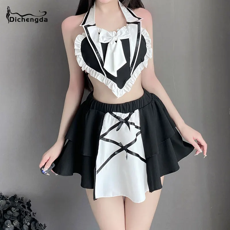 

Dichengda Women Sexy Maid Lingerie Dress Classical Black White Maid Outfit Big Bowknot Halloween Makeup Costumes Fancy Maid Set