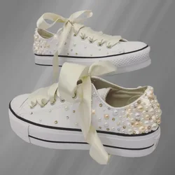 Thick white pearl rhinestones wedding party large size canvas shoes handmade low top casual sports women's shoes 35-40