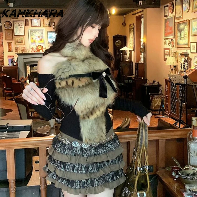 

KAMEHARA Fashion Winter Spicy Girl Style Off Shoulder Hairy Hanging Neck Tops Super Heavy Weight Cake Skirts Lolita Sets Платье