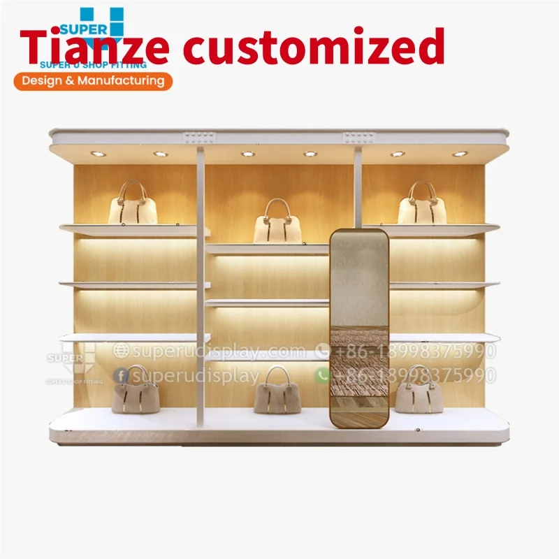 (customized)Bespoke Boutique Handbags Stand Rack Department Bags Display Furniture Wooden Retail Store Display Shelving Bags