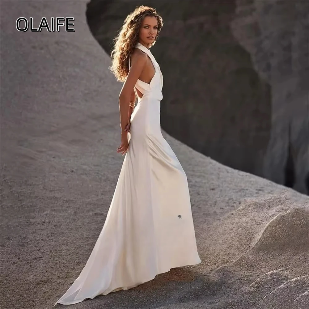 Olaife Elegant Mermaid Wedding Dress Halter Sleeveless Satin Pleat Open Back Button Bridal Gown For Women