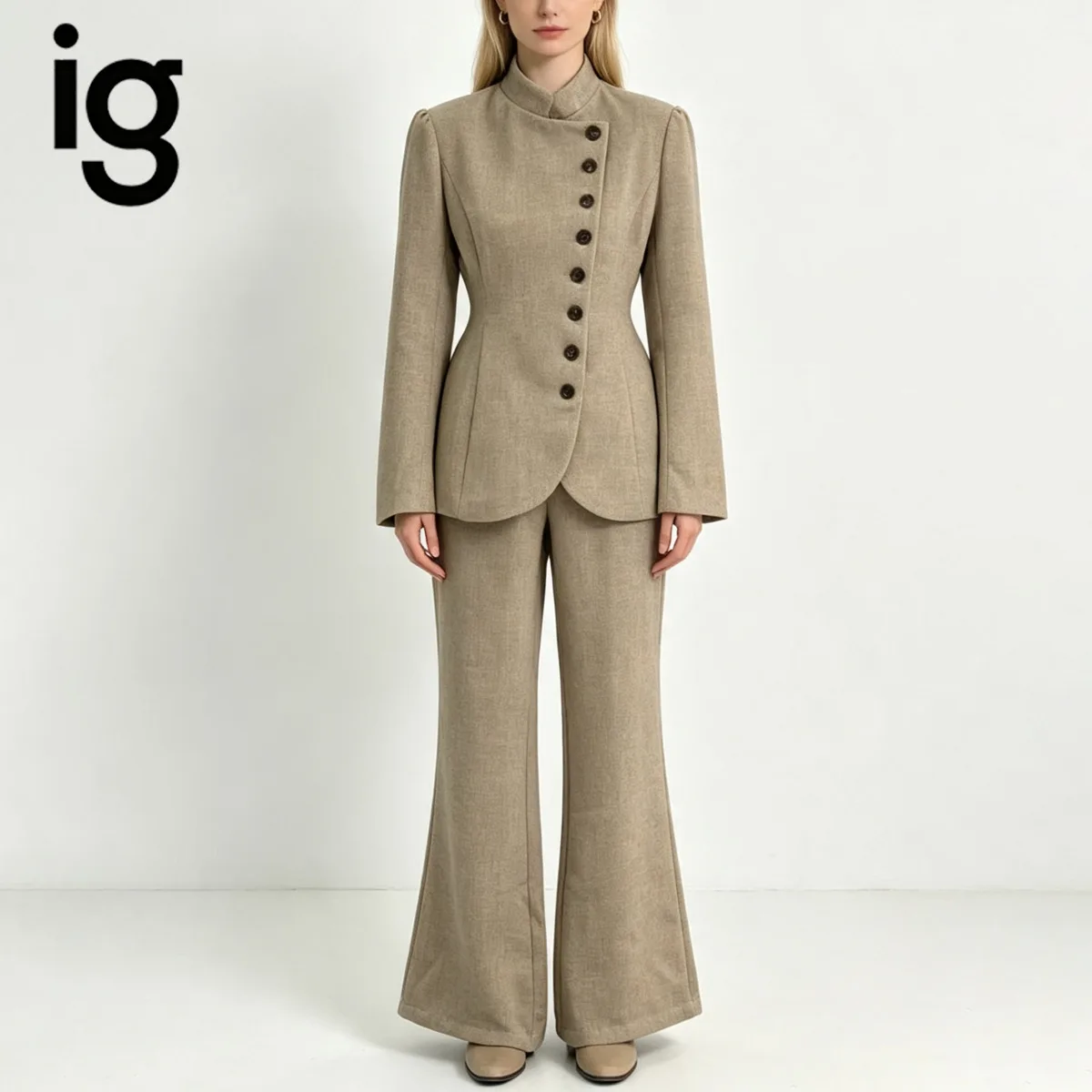IG Women Stand Collar Suit Set, Asymmetric Button Fitted Blazer & Flare Pants, Long Sleeve Slim Tailored Two Piece Outfit