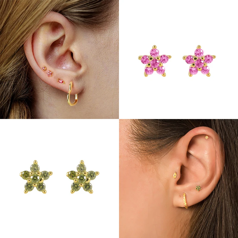 CANNER Real s925 Sterling Silver Earrings Flower Colorful Zircon Stud Earring For Women Girl Long Chain Earring Piercing Jewelry