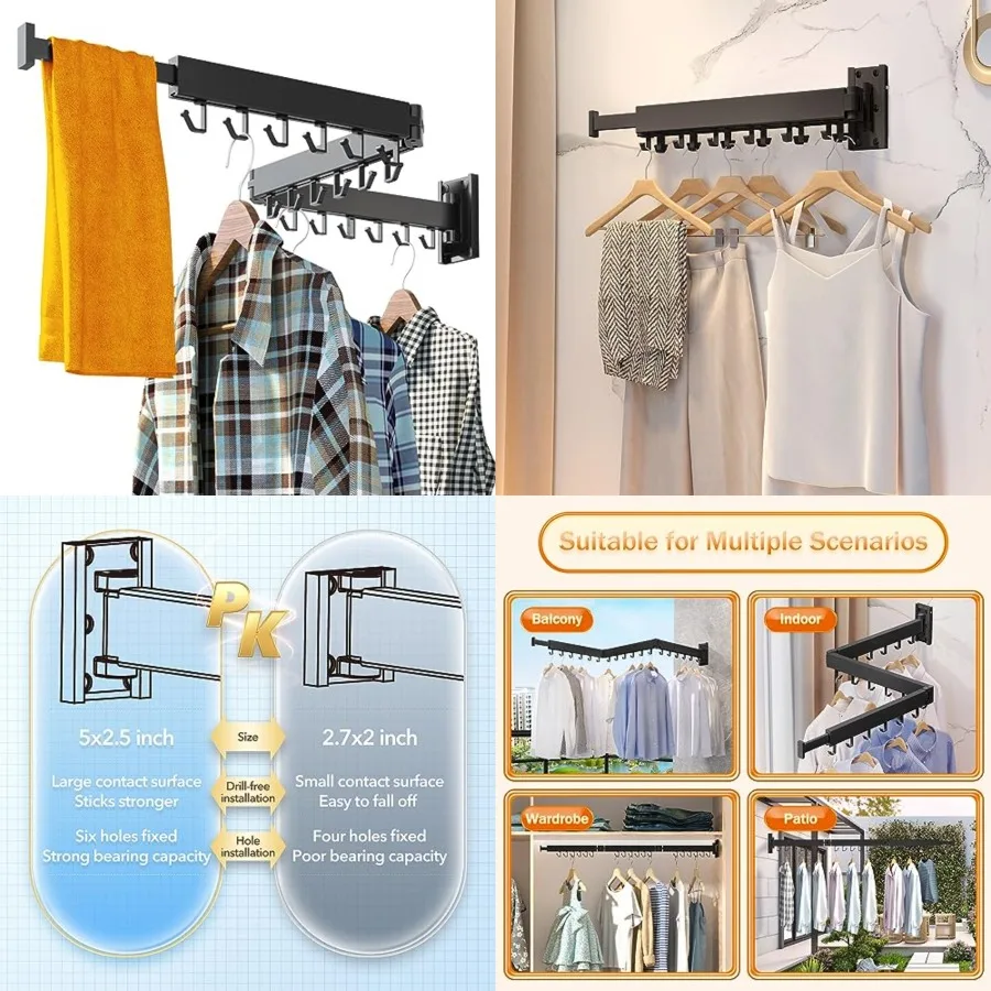 

Clothes Drying Rack for Laundry, Wall Mounted Clothes Hanger Rack, Folding, Retractable, Collapsible J Shape Hooks