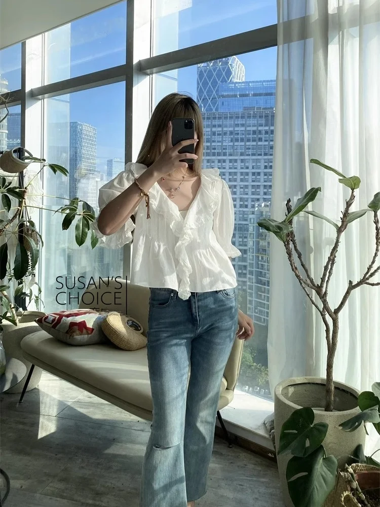 

Susan Pure Cotton Bubble Sve irt Women's French Sle Straight Cut ort Sve Floral Lace Collar Spring Summer Top