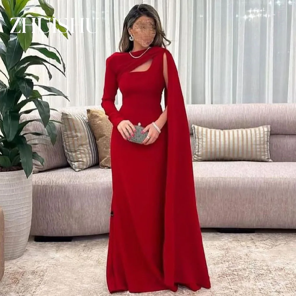 ZHUISHU فساتين حفلة موسيقية طويلة باللون الأحمر السعودي بأكمام طويلة على شكل حرف A وأكمام كيب فستان رسمي للمناسبات مخصص على شكل حرف A ثوب مسائي للنساء #1