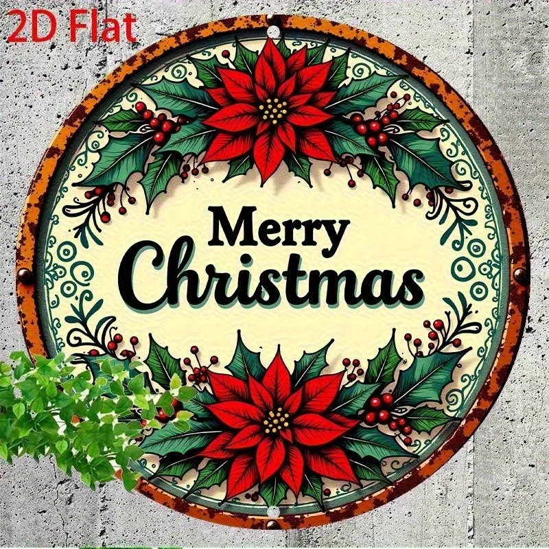 2D Flat 8-Inch Round Vintage Christmas Metal Wall Decor, for Home Use - Wall Art Sign with Berry Holly Pattern, Durable Holiday