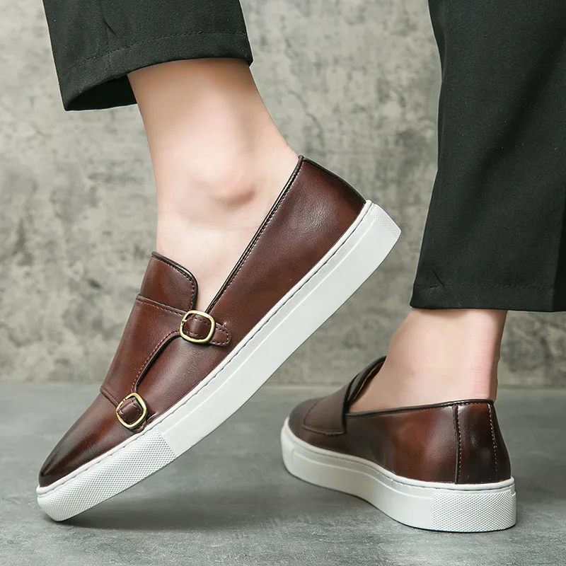 

Fashion Man Casual Shoes Leather Men's Retro British Style Loafers Slip-on Outdoor Flats Double Monk Business Daily Shoe