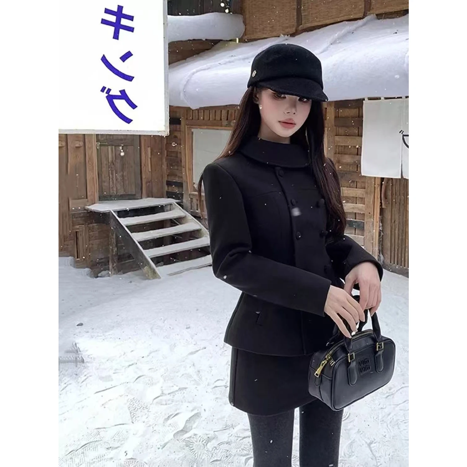 Black Woolen Suit Jacket And  Skirt Set Rich Girl Style Two-Piece Korean High-End Feeling Casual Sportswear for Women