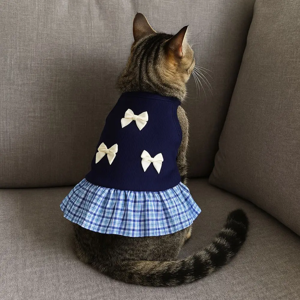 

Comfort Korean Style Dog Princess Skirt Thin Breathable Pet Strap Dress Soft Bowknot Plaid Cat Bow Dress Photograph