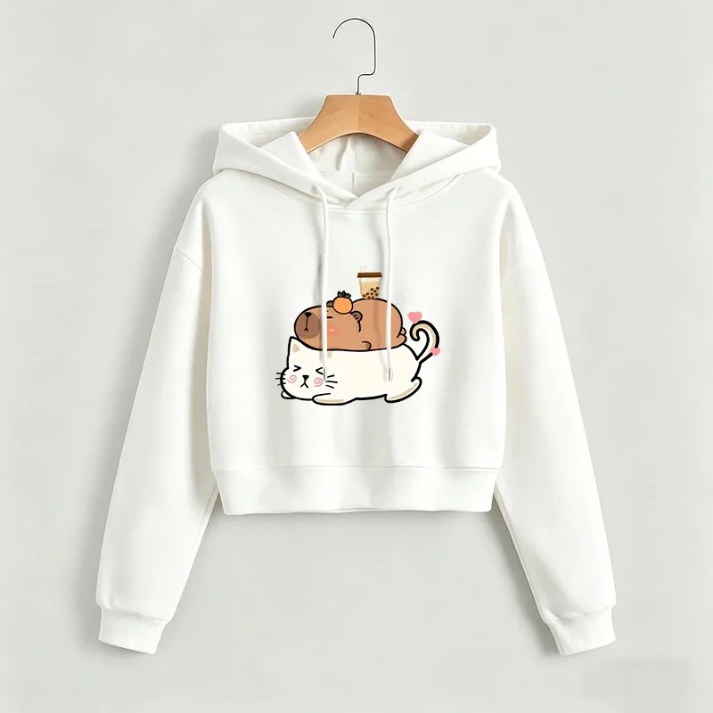

Kawaii Capybara Print Autumn Winter Cropped Sweatshirt Crop Top Hoodie Y2k Sweatshirts 90s Casual Style Clothes