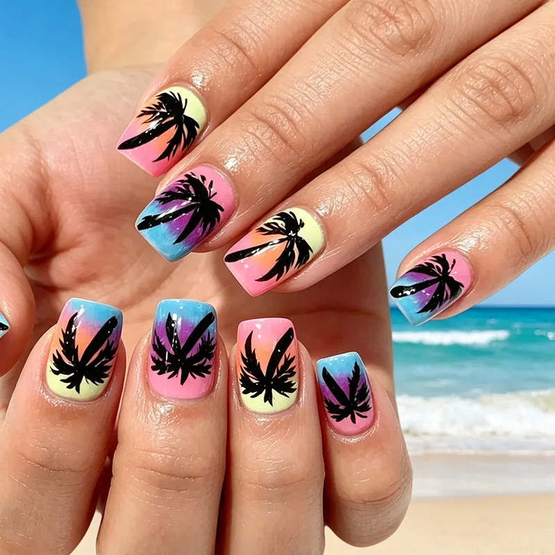 

2026 New Simple 24-Piece Glossy Nail Art, High-End Fashion, Summer Beach Style, Coconut Tree Short Square Nail Art