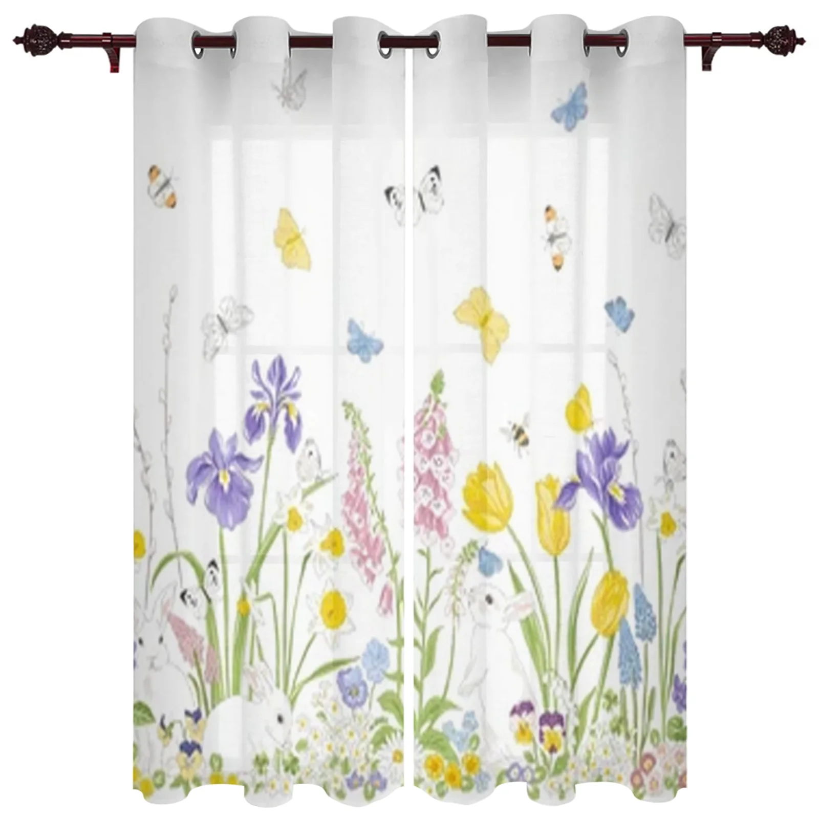 Cute Bunny Spring Bloom Flowers Window Curtains For Living Room Luxury Bedroom Decor Drapes Kitchen Window Treatments Curtains