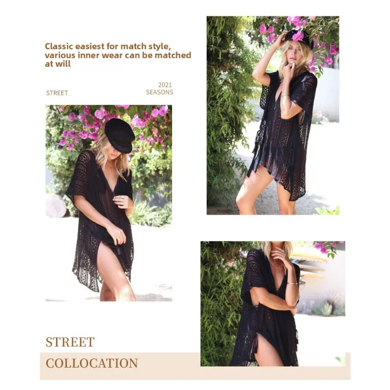 Women Bikini Cover Up Solid Hollow-Out Knitting Crochet Kaftan Ladies Summer Dress Bathing Suit Beachwear Swimsuit Beachwear