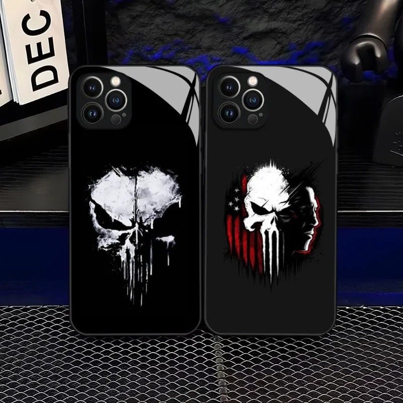 Marvel Punisher Phone Case For IPhone 14 Pro Max 15 12 11 13 Mini X XR XS 8 7 6 Plus SE 2020 Tempered Glass Back Cover