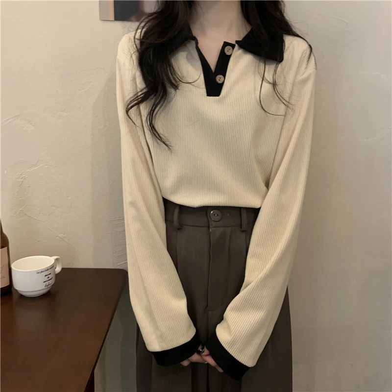 Chic  Collar Loose Fit Long Sleeve T-Shirt Women's Casual Style Autumn New Arrival Slimming Design Trendy Top
