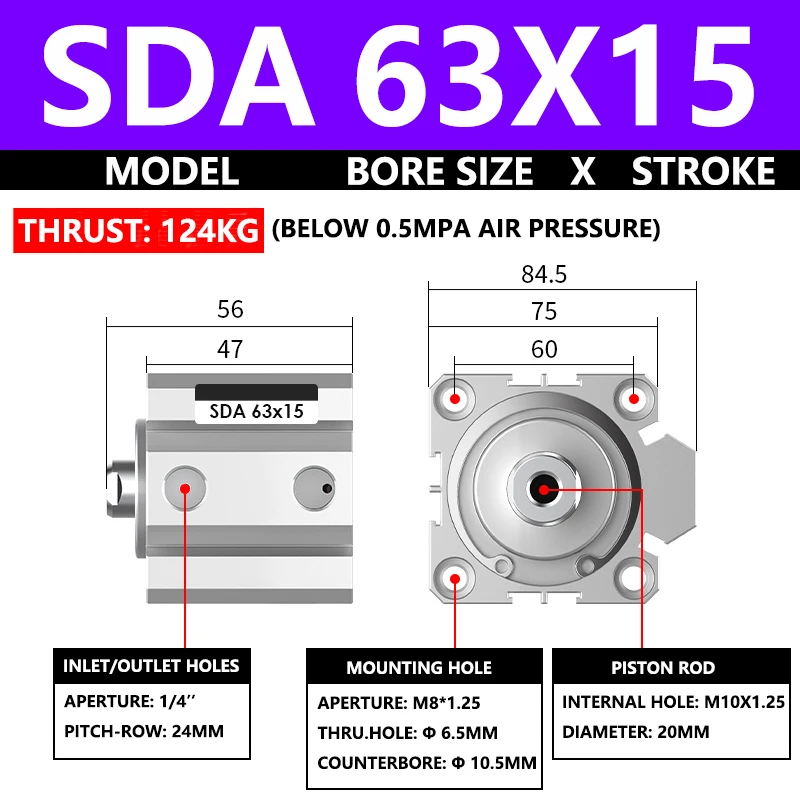 ABILKEEN SDA63X15 SDA Series Thin Air Cylinder 63MM Female Thread Bore X 15MM Stroke Double Acting Pneumatic Compact Cylinder