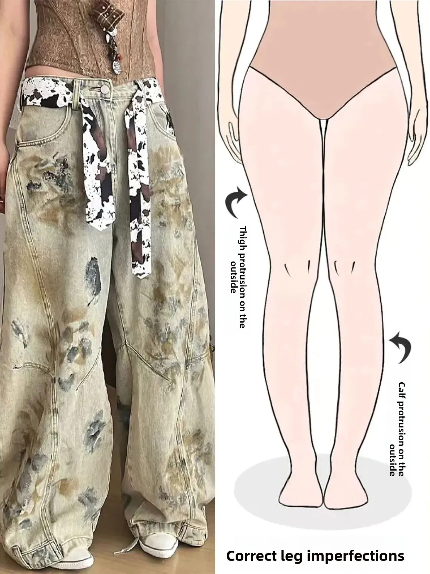 

Retro Washed Knife Wide Leg Jeans Women's Loose Fit Casual Straight Cut Pure Color Zipper Closure High Street Style