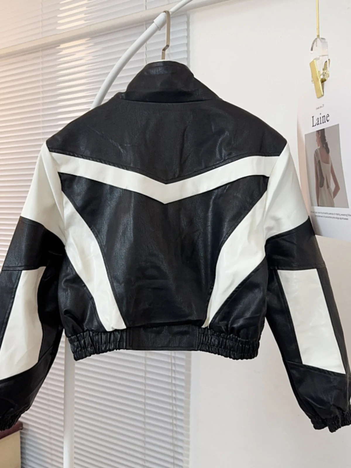 KUSAHIKI Black White Contrasting Embroidery Street Leather Jacket Short Jacket for Women 2024 Autumn New Design Motorcycle Coat