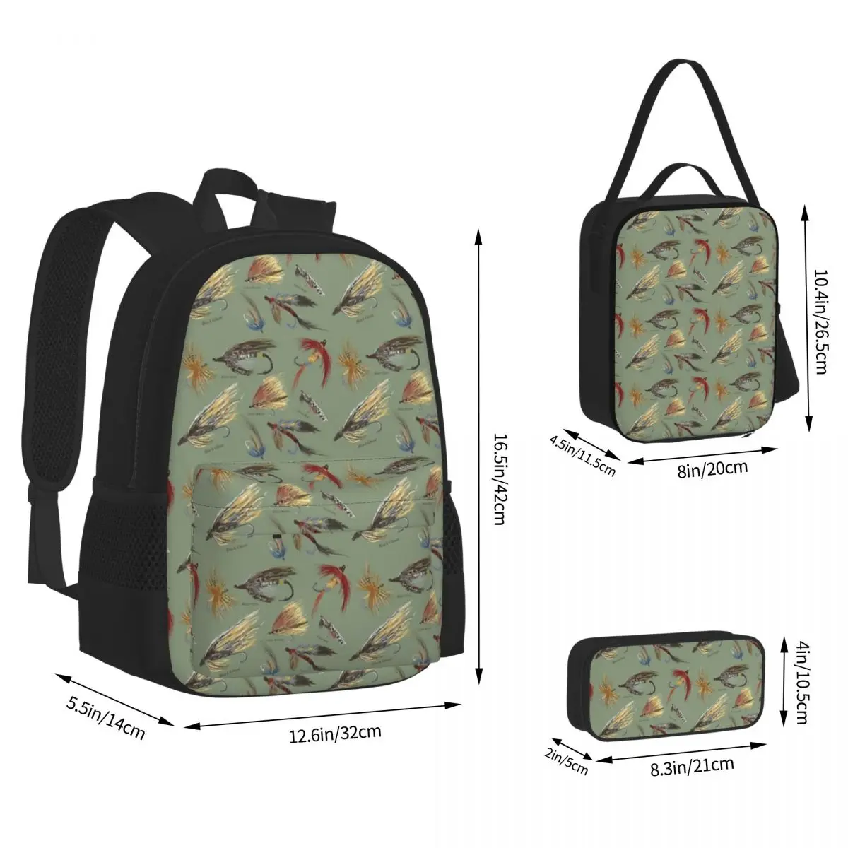 Fly Fishing With Hand Tied Flies! Backpacks Boys Girls Bookbag School Bags Rucksack Lunch Bag Pen Bag Three-Piece Set