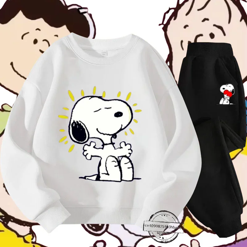 Autumn and winter long sleeve cartoon cartoon printing Snoopy round neck hoodie set boys and girls casual sweatshirt cute top