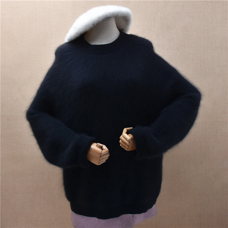 

Women Mujer Autumn Winter Clothing Hairy Plush Soft Mink Cashmere Knitted O-Neck Long Sleeves Loose Pullover Sweater Jumper Pull