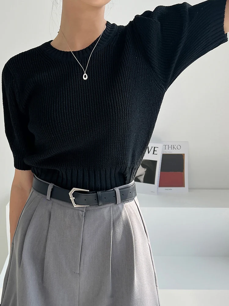 Short Sleeve Cashmere Women Knitted Sweater 2024 Autumn Blue Gray Or Black O-Neck Tops Pullover Clothing Knitwear