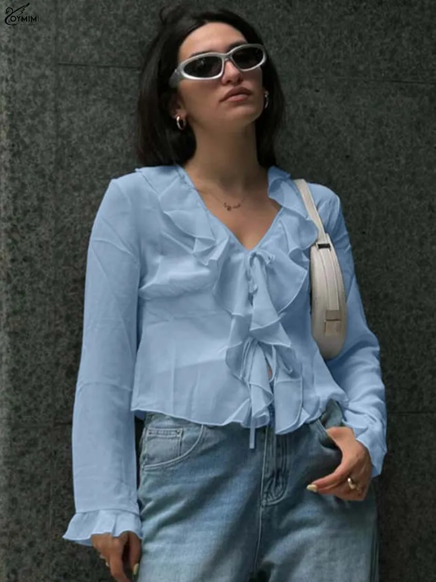 Oymimi Fashion Blue V-Neck Woman Blouses Autumn Casual Long Sleeve Ruffled Solid Blouses Elegant Lace-Up Slim Blouse Streetwear