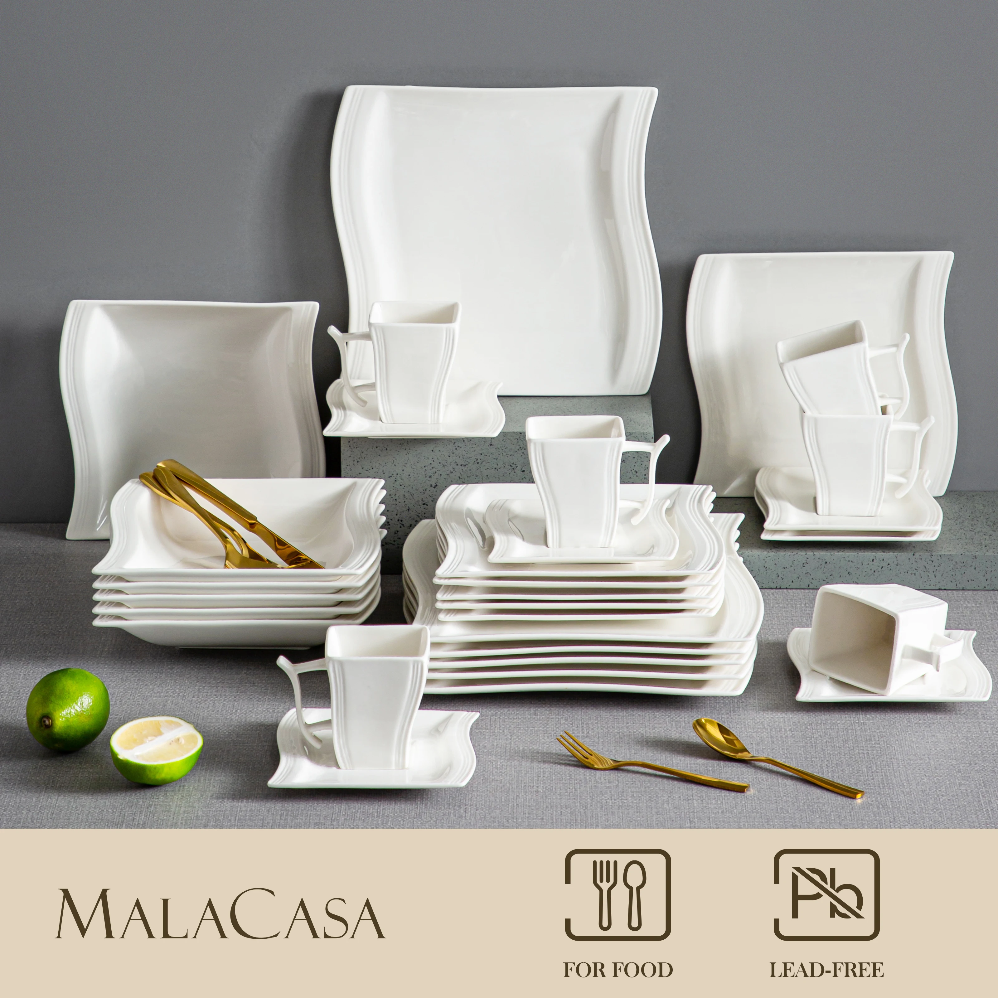 Imagem -03 - Malacasa-serviço de Mesa Porcelana Branca Conjunto de 30 ou 60 Peças com 12 Chávena Pires Sopa Sobremesa para 12 Pessoas