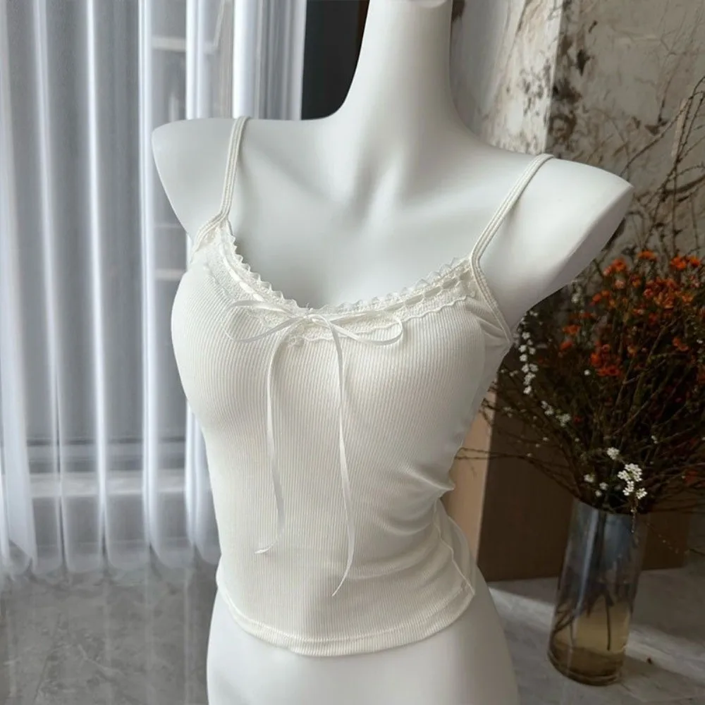 New Padded Hot Girl Bow Camisole Sleeveless Undershirt Fit Outerwear Bandeau Bra Soft Lace Trim Vest