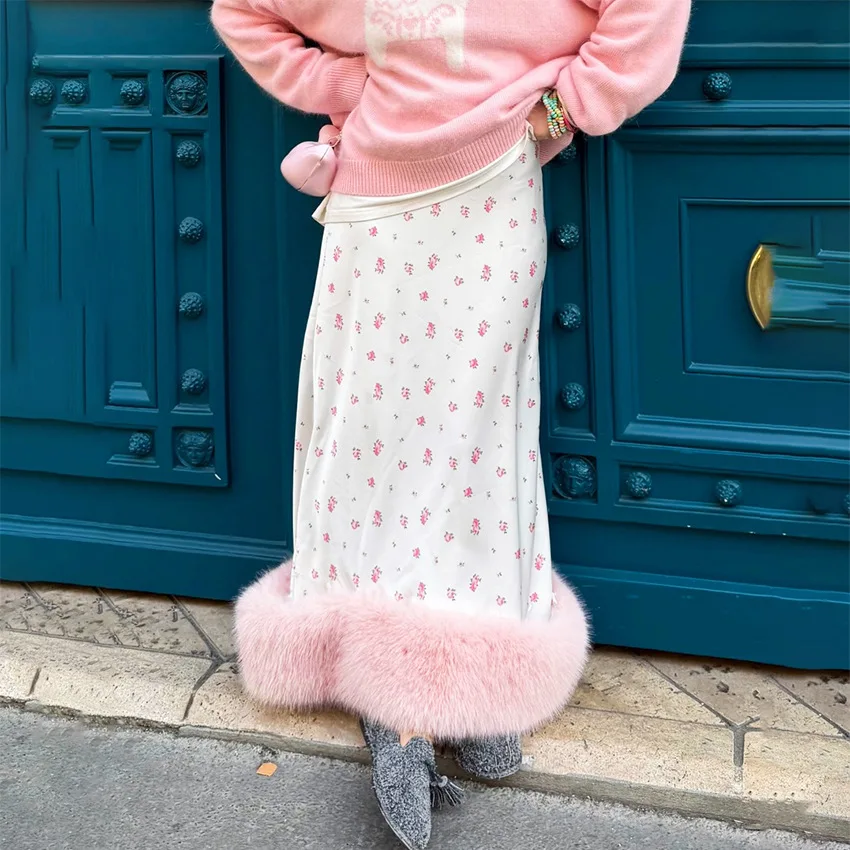 

Tsiisd Fashion Women's Floral Faux Fur Skirt High Waist Commute Elegant Romantic Winter Vintage Party Skirts Women's Clothing