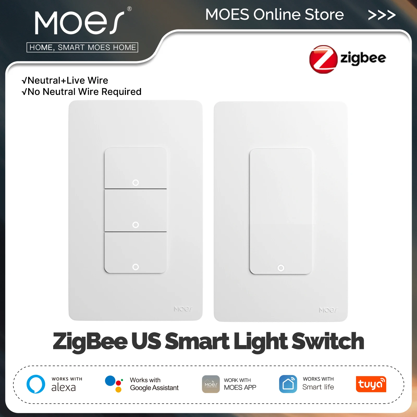 MOES Tuya ZigBee Smart Light Switch US Push Button Wall Switch Work With Alexa Google Home Neutral Wire/No Neutral Wire Required