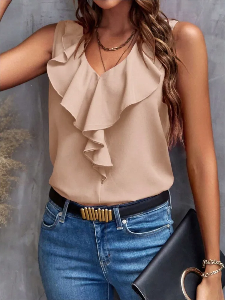 New Sleeveless Women\'s Blouses Sexy V-neck Ruffled Solid Color Top 2024 Summer Elegant Style Office Shirts