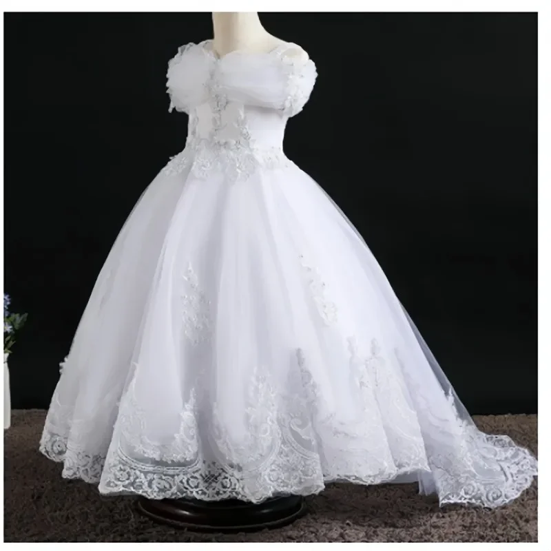 

First Communion White Lace Embroidered Flower Girl Dresses for Girl Ball Gown Children Wedding Party Princess Present Birthday