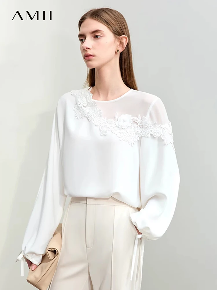 Amii Minimalism 2024 Women Blouse Spring New Elegant Lace Pearl Reveal Shoulder Strap Long-sleeved Chiffon Shirt Female 12441064