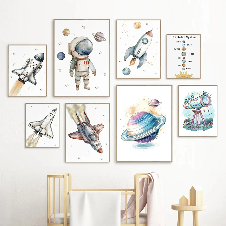 Aviation Clothing Rocket Aerial Telescope Planet Solar System Fashion Wall Art Canvas Painting Nordic Poster Room Decor