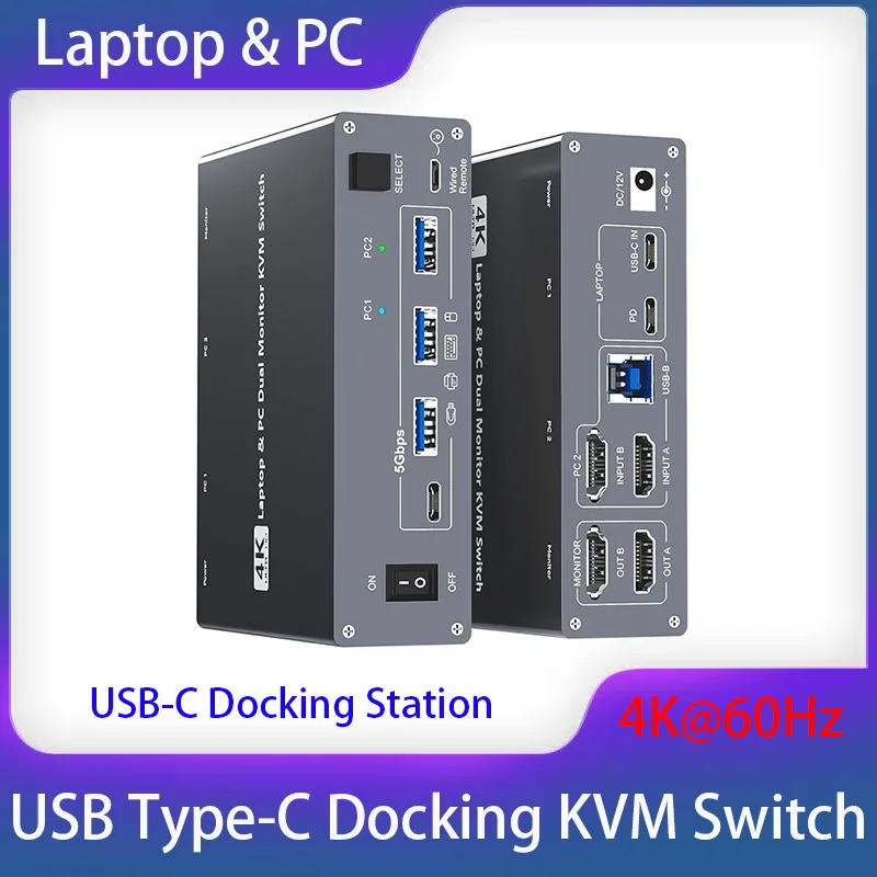 

4K@60Hz USB Type-C Docking KVM Switch Laptop& Desktop 2 Monitors 2 Computers,PD 100W Charging,2-in-1 HDMI KVM Switch for MAC&PC
