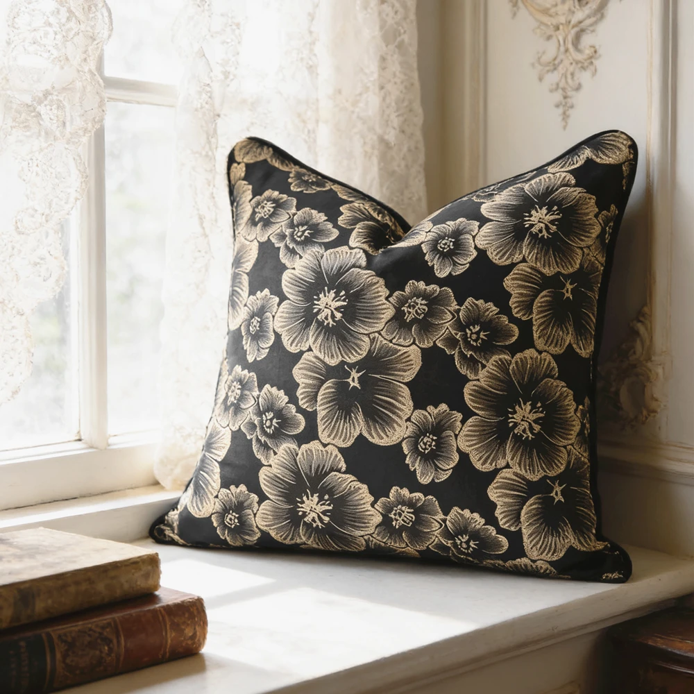 F&D Modern Flowers Woven Black Armchair Sofa Throw Pillow Case 45x45cm Home Room Decor Cushion Cover 1 Piece Pack