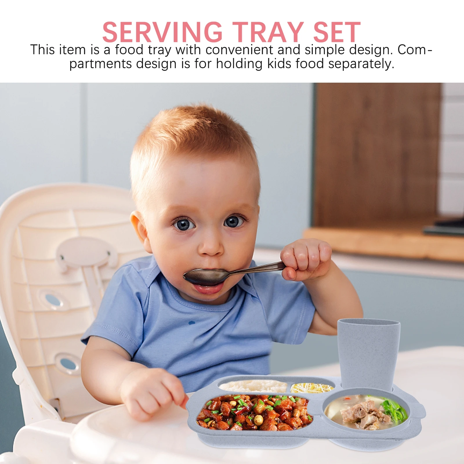 

1 Set Separated Slot Plate Kit Plastic Tableware Set Service Plate Kit Dinner Plate Fork Spoon Kit with Bowl (Blue)