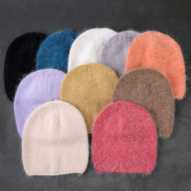 2022New Fashion Solid Color Rabbit Fur Winter Hat for Woman Long Hair Warm Cap Simple High Quality Soft Spring Beanies Wholesale