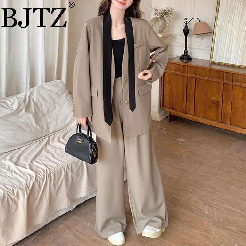 

BJTZ Khaki Design Blazers Set For Women Spring Autumn 2025 New Loose Suit Casual Wide Leg Pants Woman Two-piece Set