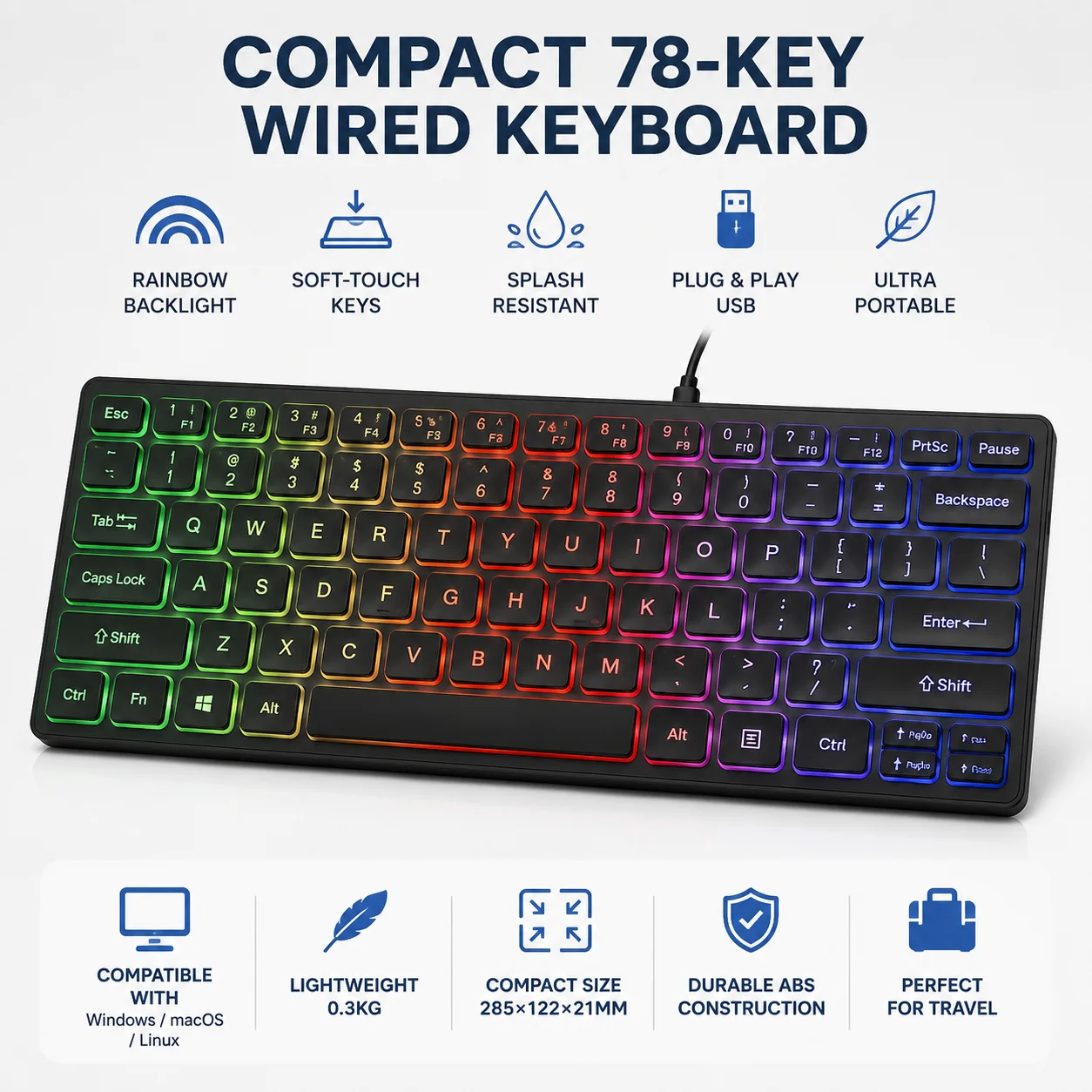 Waterproof RGB Backlit USB Wired Keyboard Portable Ergonomic Design Gaming Typing Office Slient Click Keyboard For PC Computer