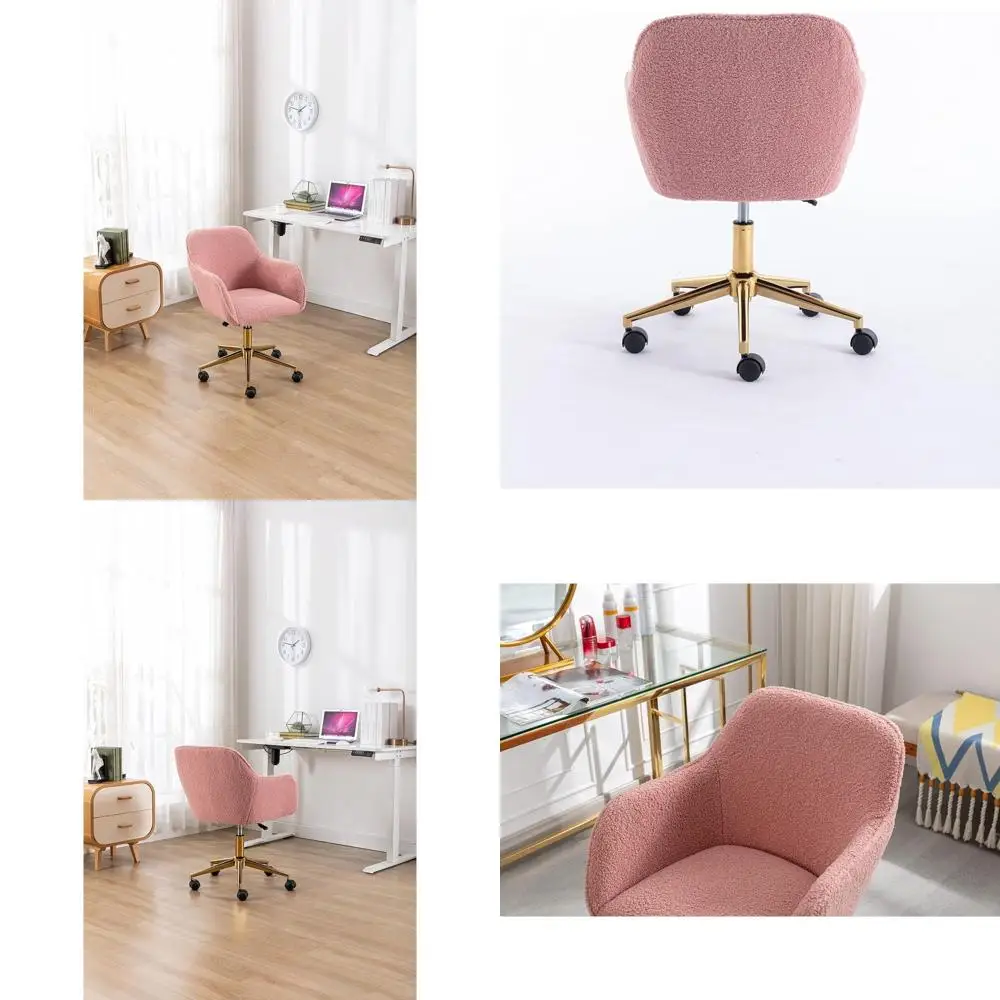 

Элегантное розовое офисное кресло с регулировкой высоты, золотым основанием и колесиками для современных интерьеров