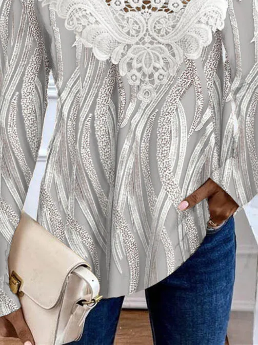 Plus Size Women's Long Sleeve Scoop Neck Graphic Printed Lace Stitching Top