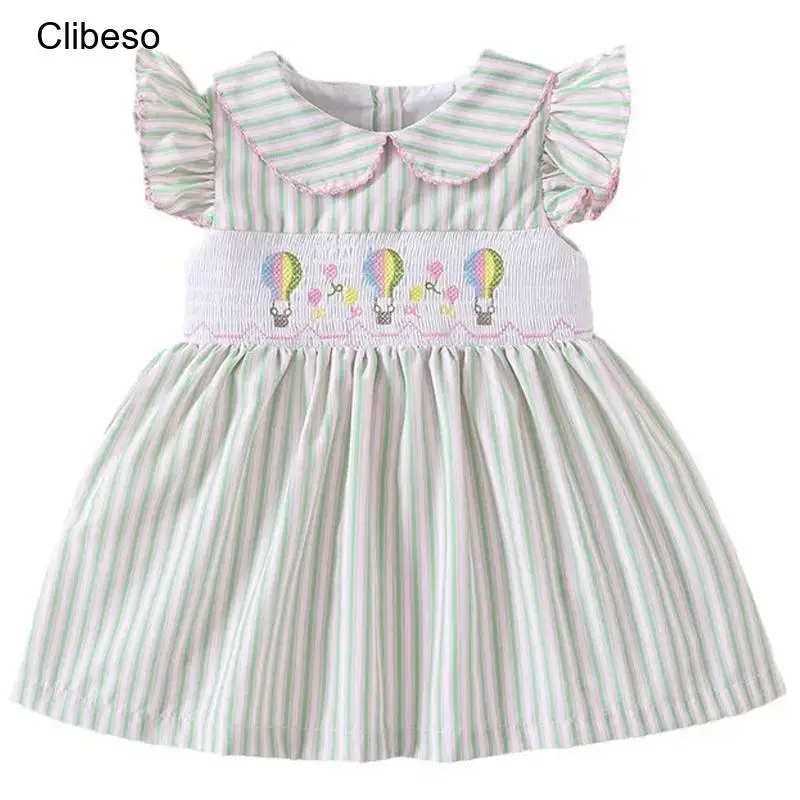 

Clibeso Girls Smocking Bishop Dress Summer Cotton And Linen Flying Sleeve Handmade Dresses Children's Boutique Stripes Clothing