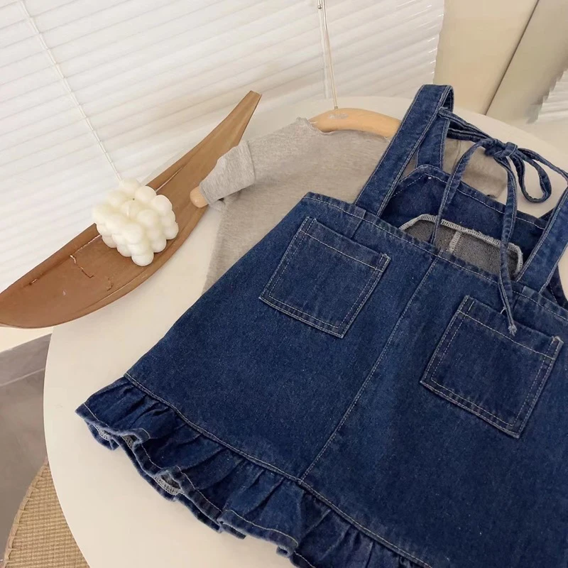 Summer Girls\' Clothing Sets Casual Style Pocket Denim Suspender Dress +Short Sleeve 2Pcs Baby Kids Children Clothes Suit