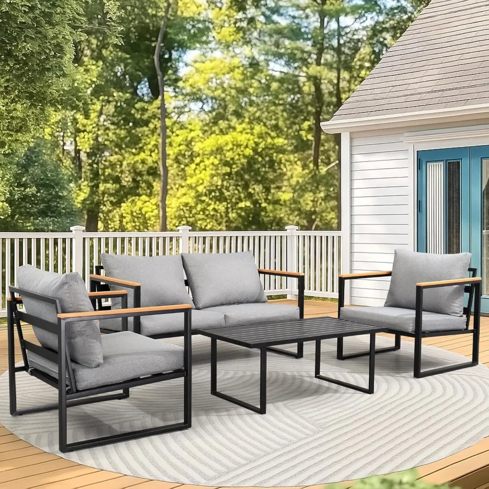 Outdoor Patio Furniture Set, 4 Pieces Patio Furniture with Coffee Table Set, Metal Conversation Sets with Wood, Customized