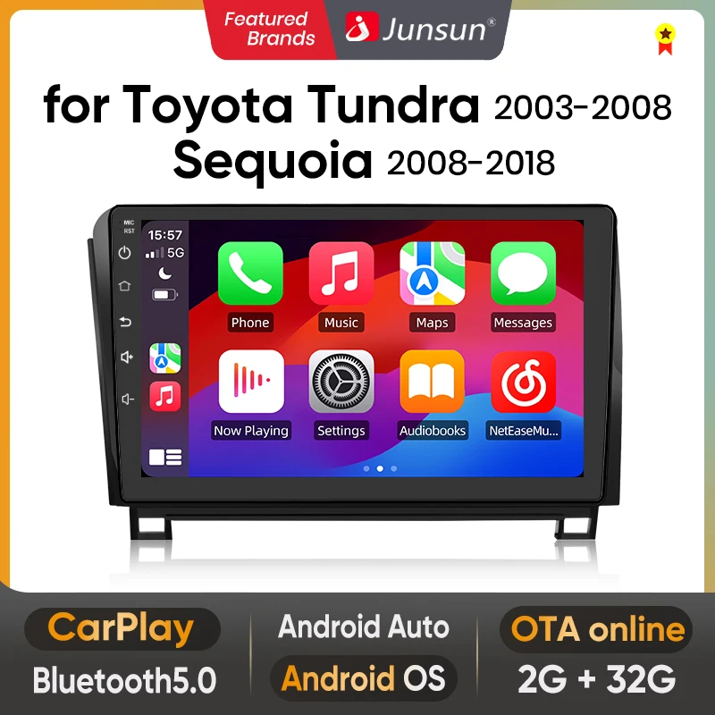 Junsun Wireless Carplay Android Auto Android 15 Car Multimedia Touch Screen Head Unit for Toyota Tundra 2003 2004 2005 2006 2007 2008  Sequoia 2008-2018 GPS Radio Bluetooth 5.0 4G LTE 5G WiFi Smart Voice Control Stereo Receiver