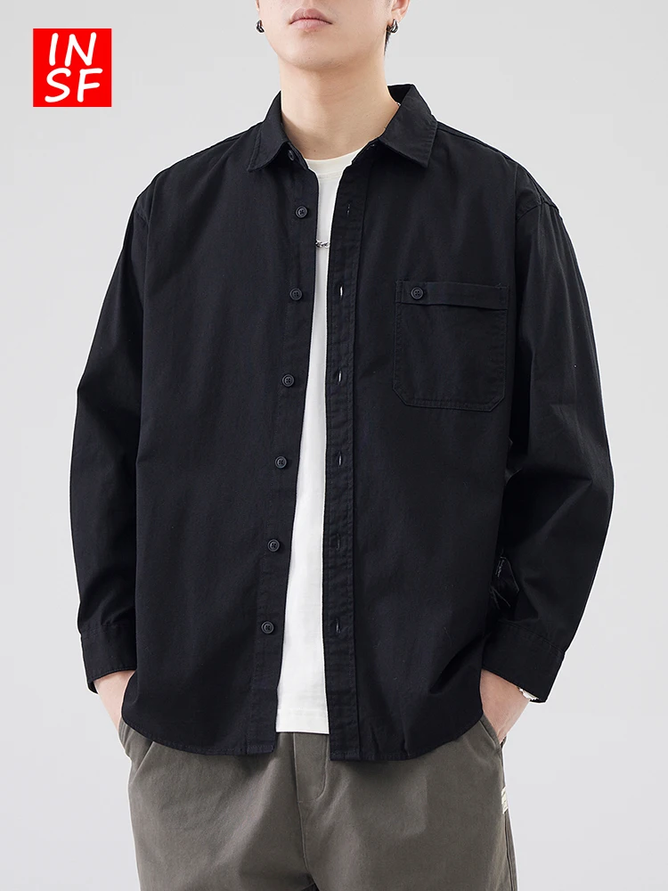 

Retro American Long Sve Pure Color Casual irt Men's White Busin Casual Sle Breathable Wear-resistant Youth Faion