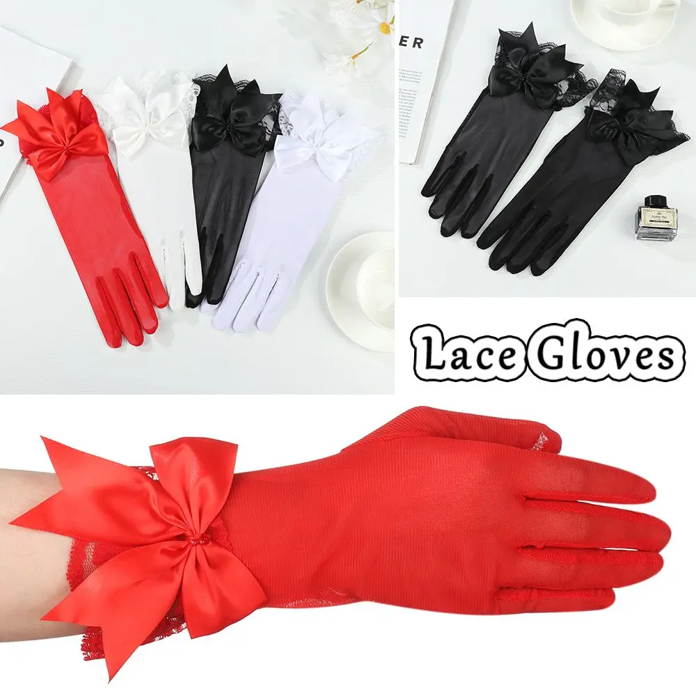 Women Chiffon White Lace Gloves Bride Mittens Bow Driving Gloves